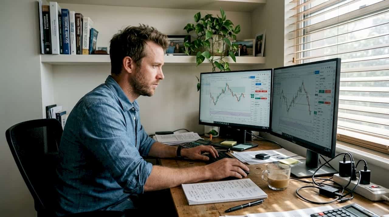 Trader managing prop accounts at cluttered desk