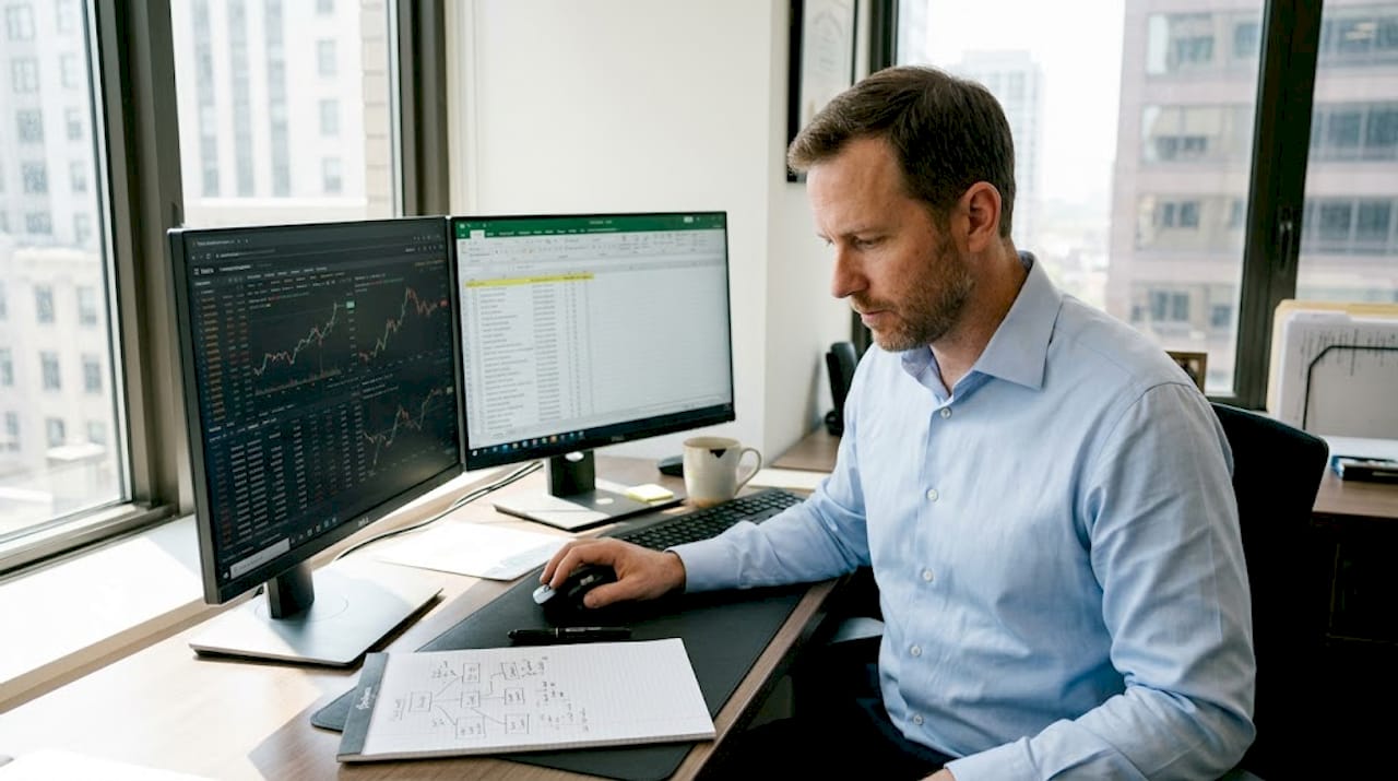Trader at desk reviewing multi-stage workflow