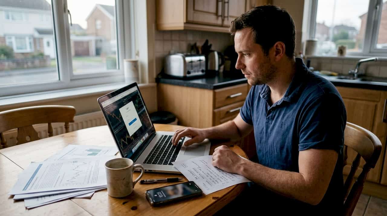 Trader checks account security at kitchen table