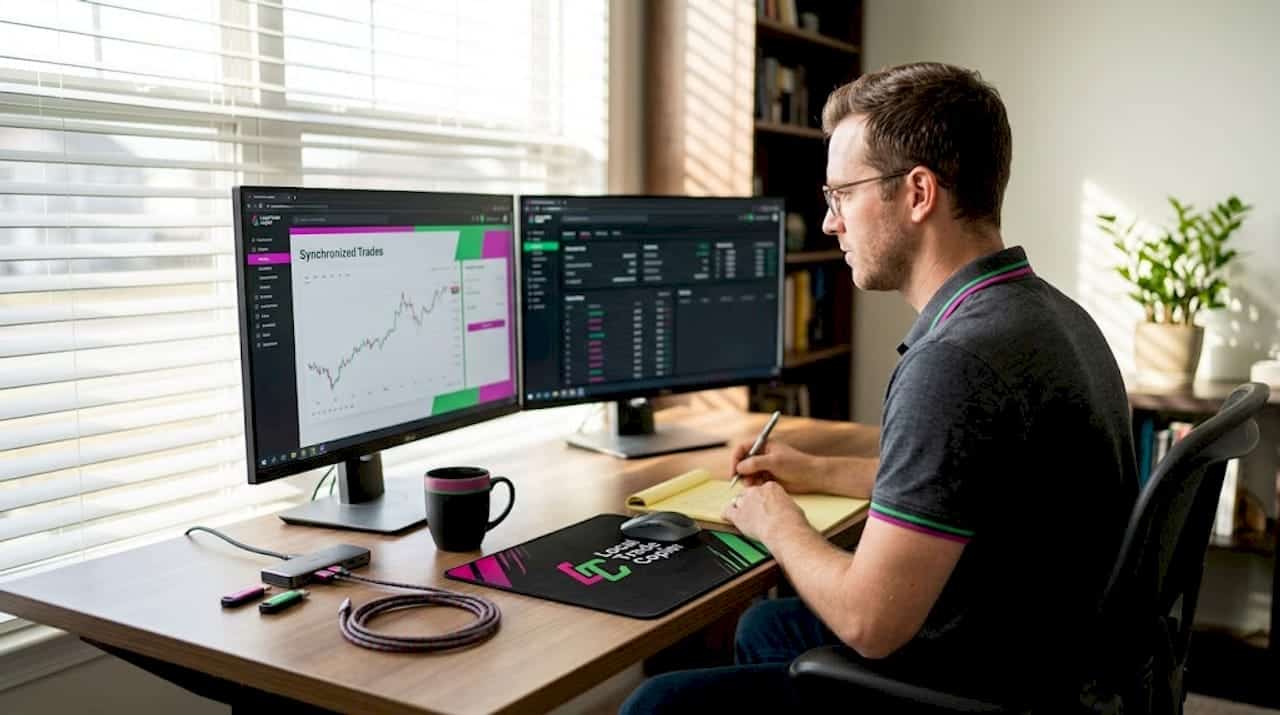 Trader synchronizing forex accounts in home office