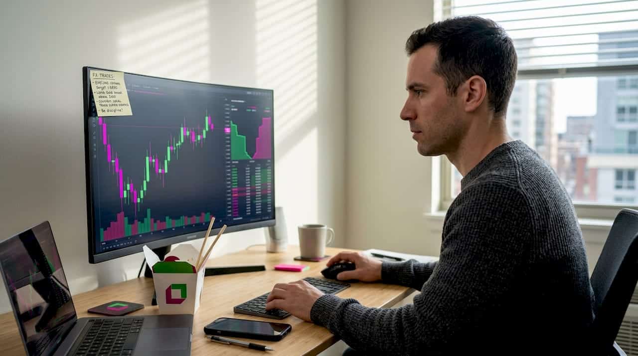 Trader using technology at city apartment desk