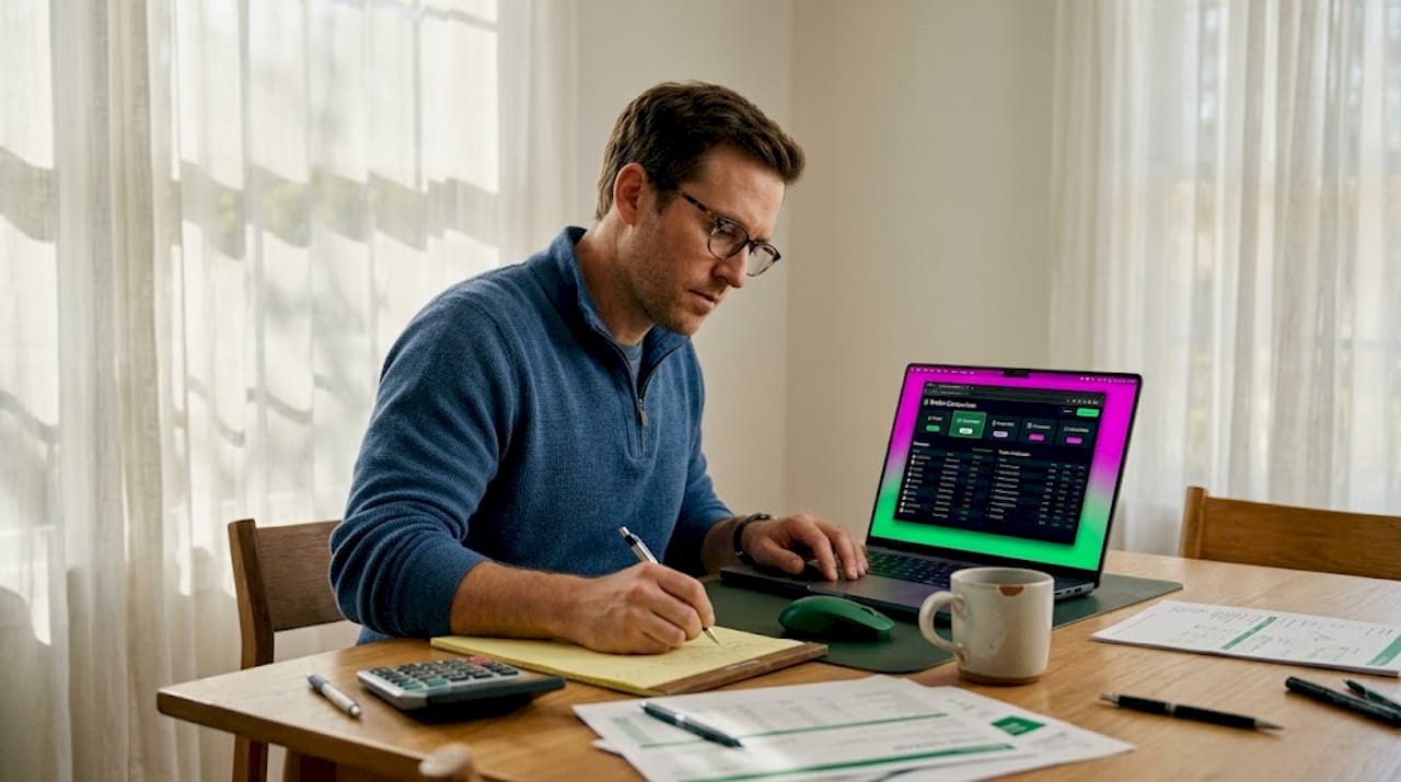 Person comparing forex brokers at home table