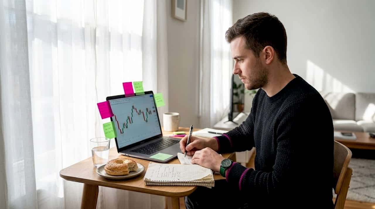 Young forex trader studying in home office