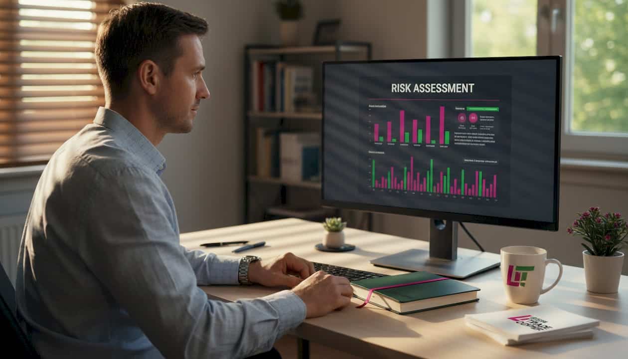 Trader reviewing risk charts in home office