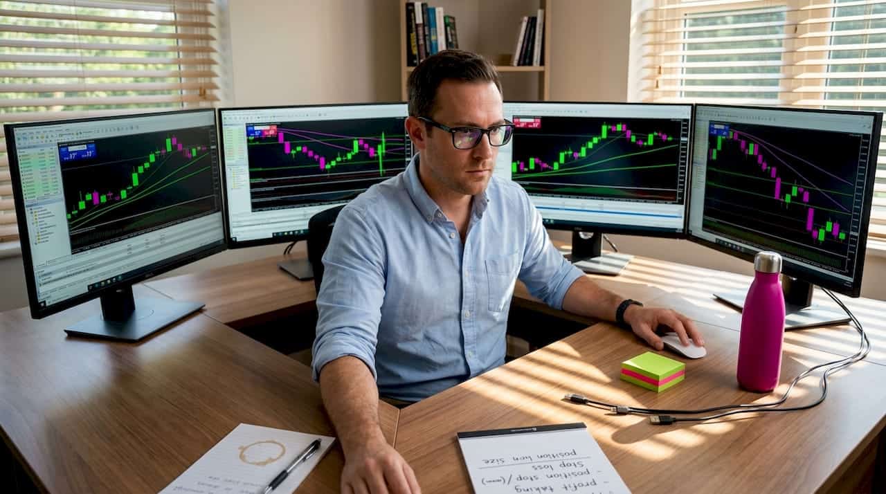 Trader managing multi-account forex on home workstation