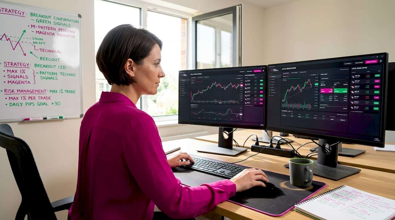Trader managing multiple forex accounts in home office
