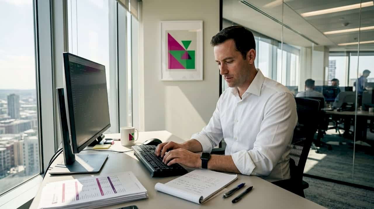Prop trader working in corner office