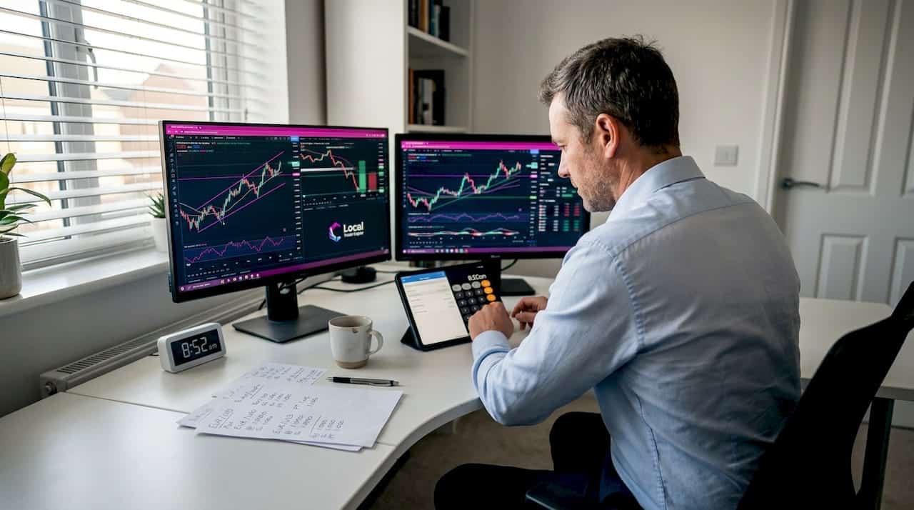 Trader monitoring risk on multiple trading screens