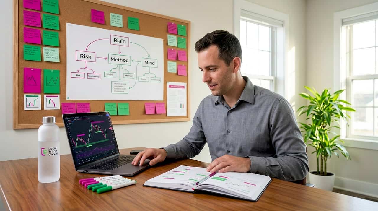 Trading educator reviewing journal in home office