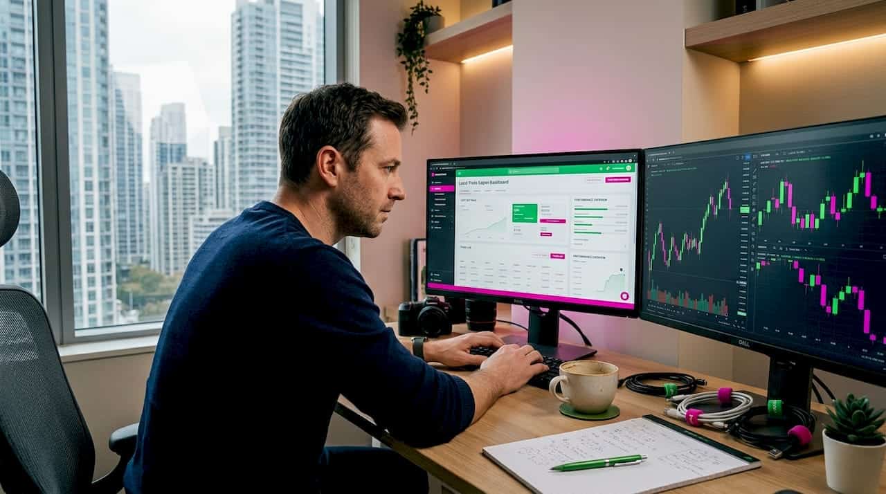 Trader at home office using trade copier dashboard