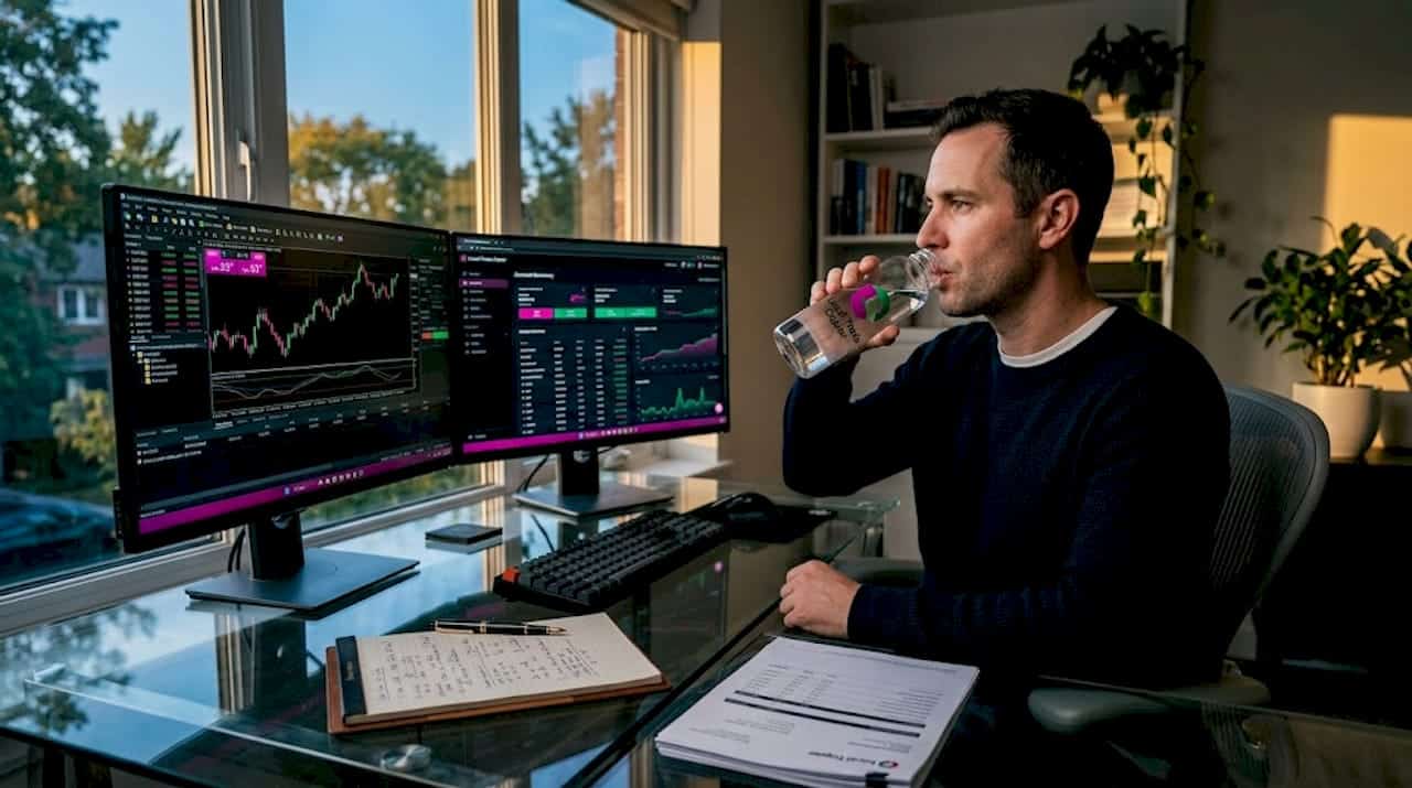 Forex manager reviewing trades at home desk