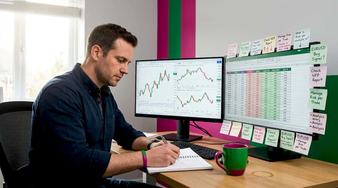 Forex trader manages risk at home office