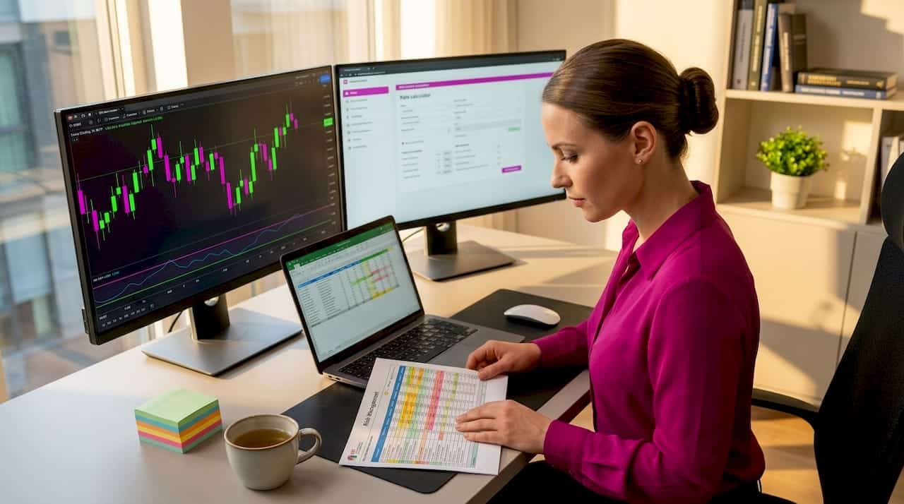 Forex trader reviewing risk management at desk