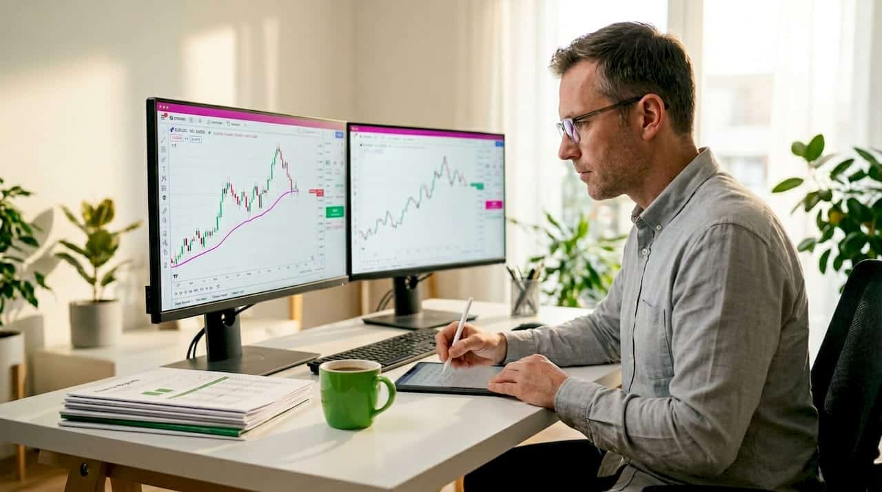 Forex trader watching charts in home office