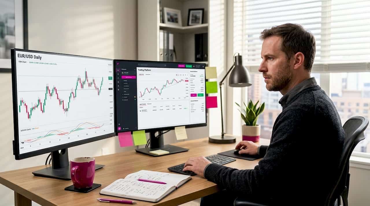 Forex trader analyzing multi-account trades at desk