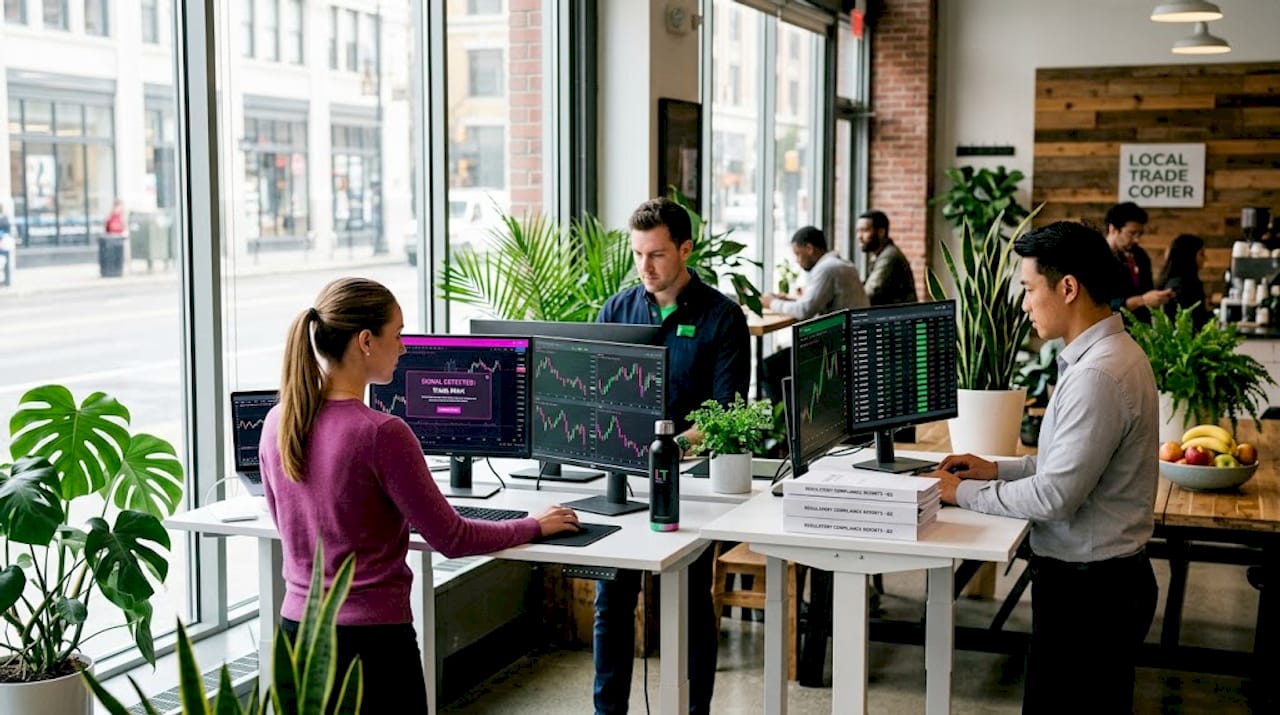 Team managing forex workflow at office desks