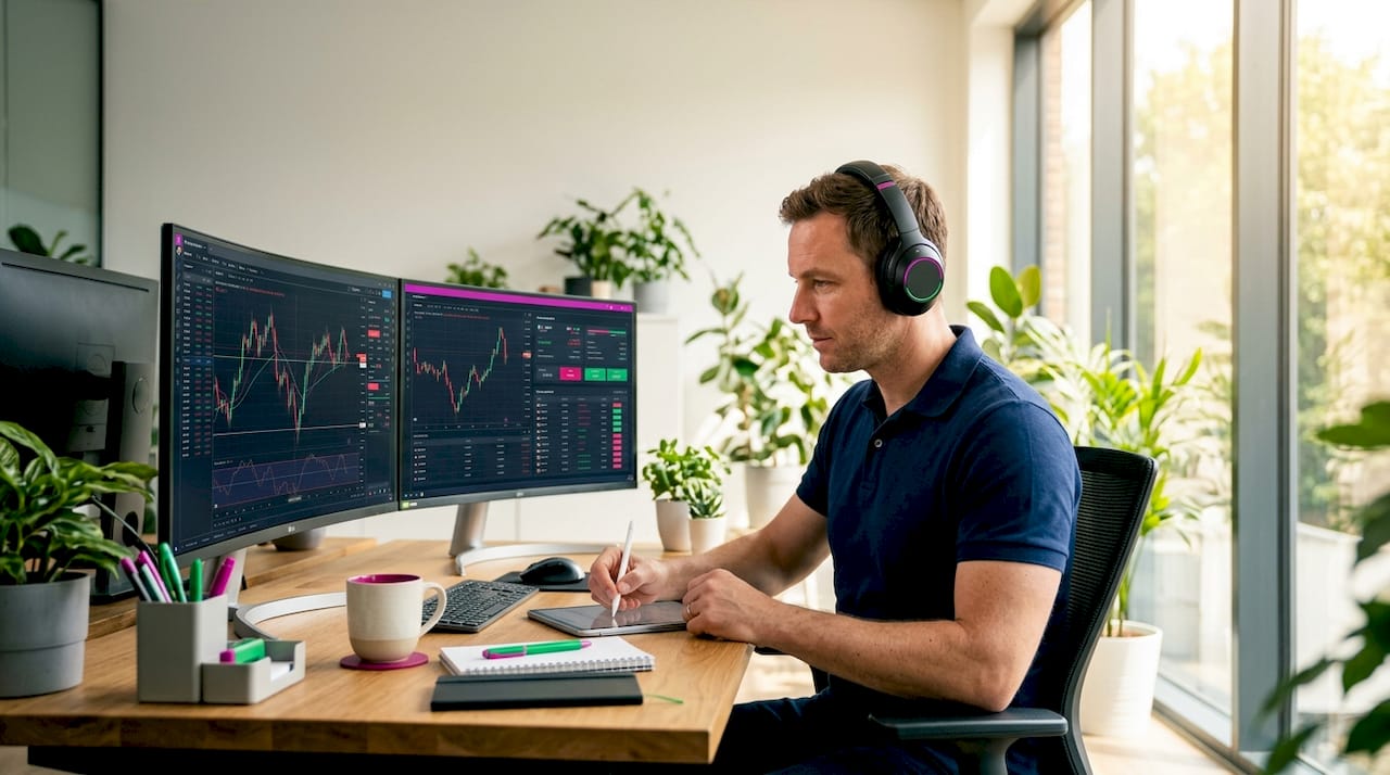 Active trader analyzing trading costs at desk