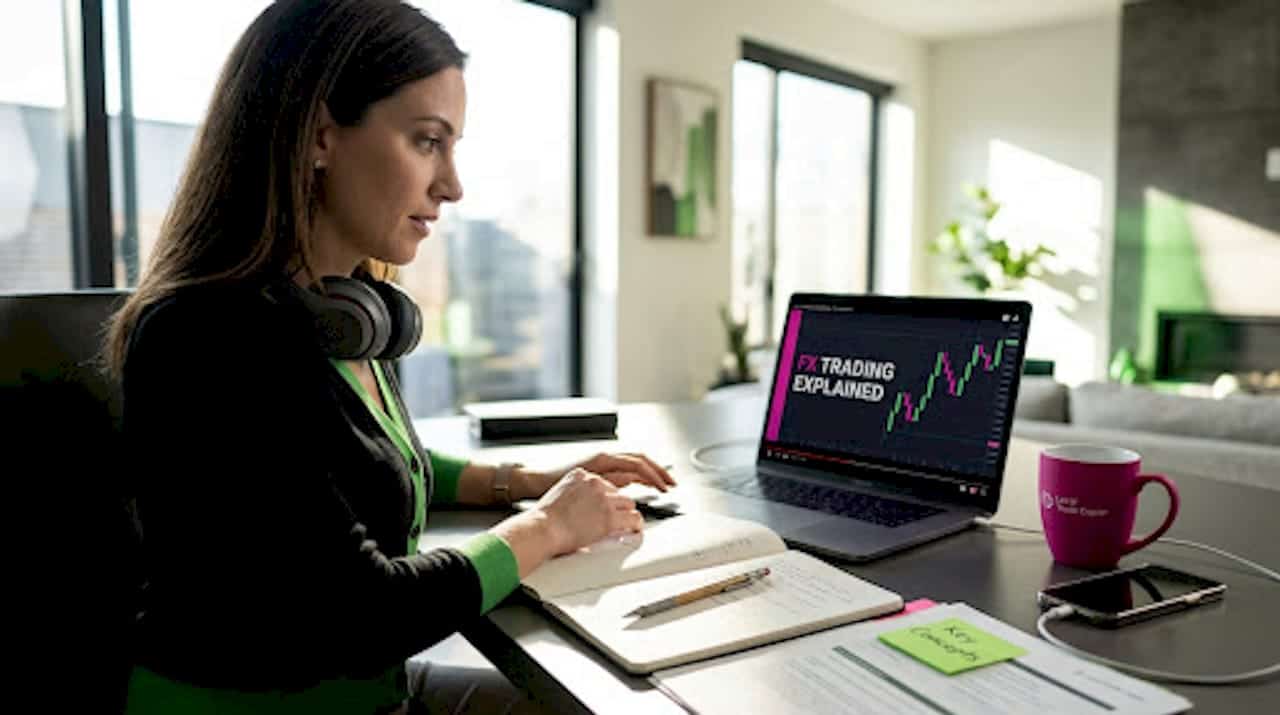 Woman studying forex guide at home desk
