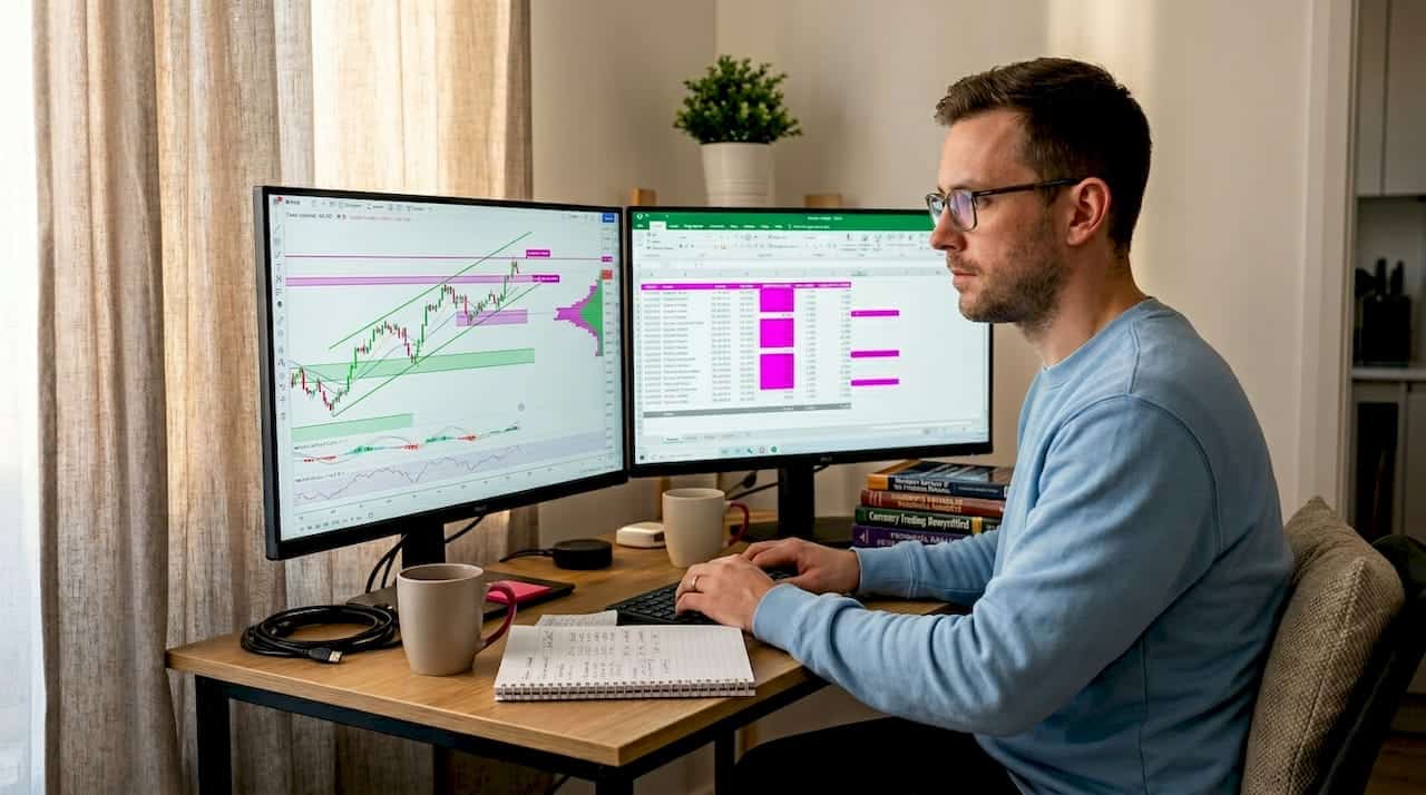 Forex trader analyzing trades at home desk