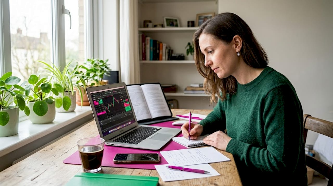 Beginner using laptop for forex trading at kitchen table