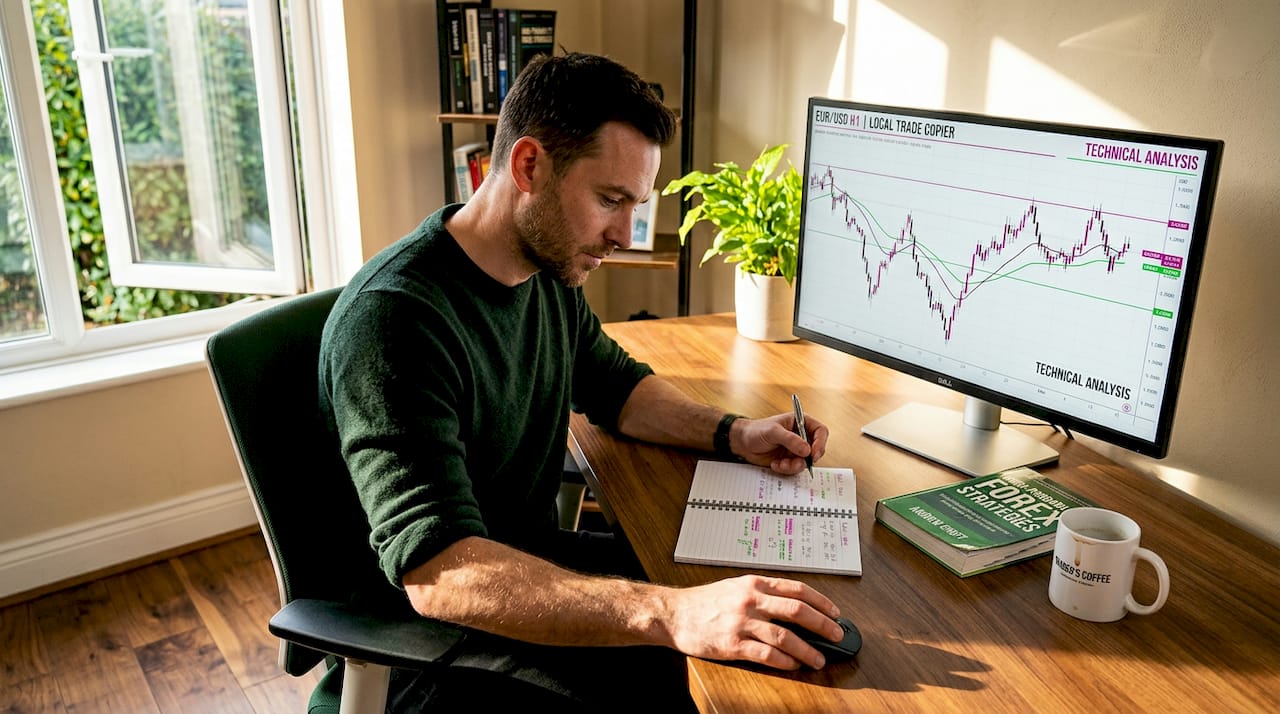 Trader reviewing notepad and charts at home desk