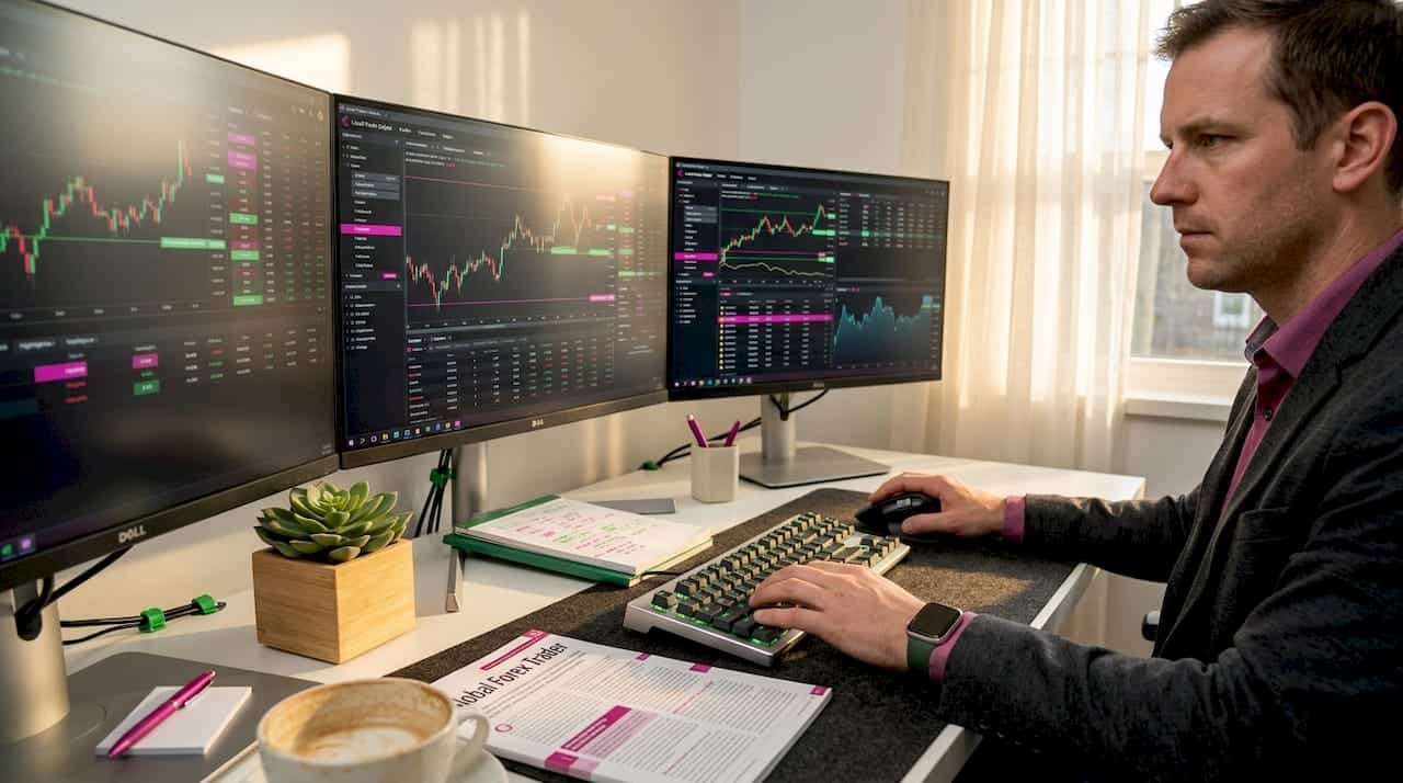 Forex trader working with multiple monitors in home office