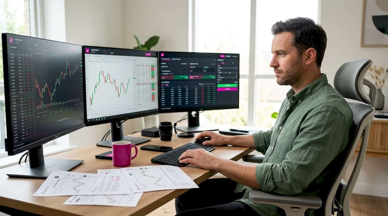 Trader executing trade at multi-monitor home office desk