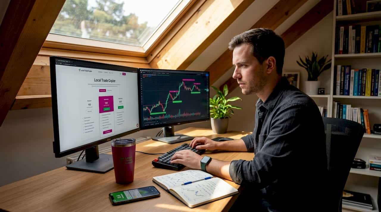 Trader reviewing subscription options in home office