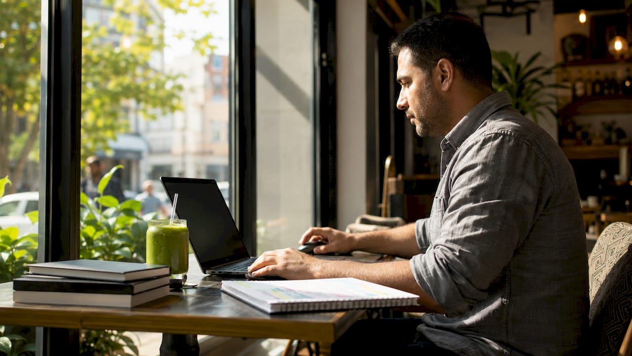 Trader using trade copier software at desk