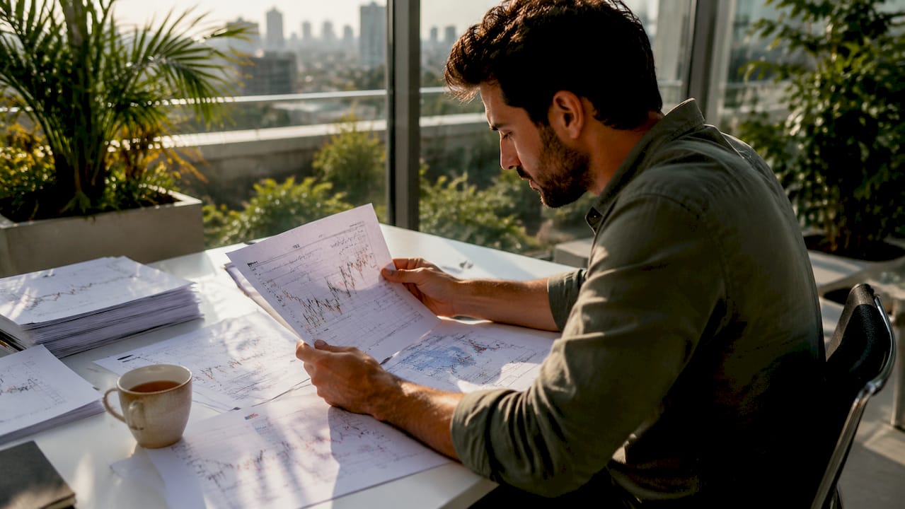 Trader reviewing privacy layers papers