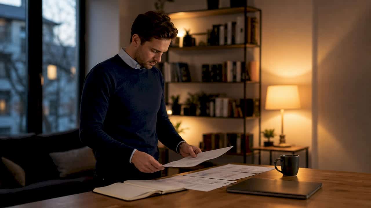 Trader reviewing trading privacy strategies at home office