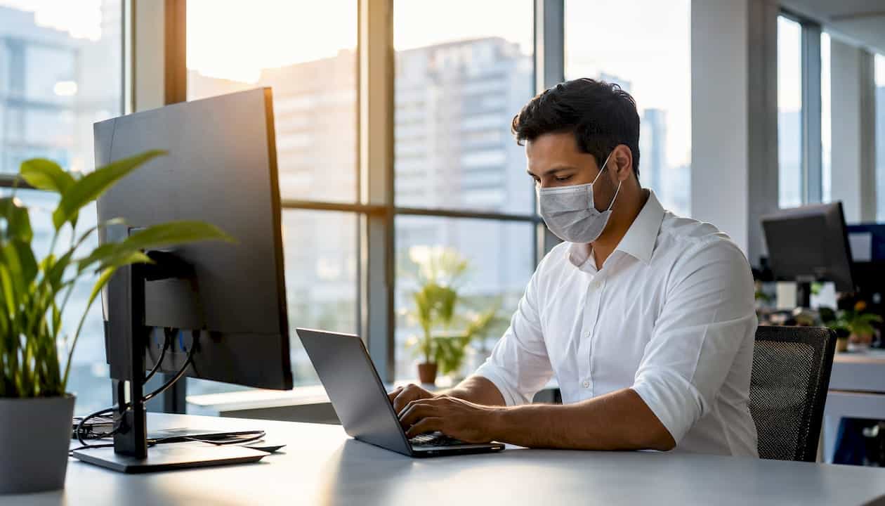 Engineer in data center monitoring servers