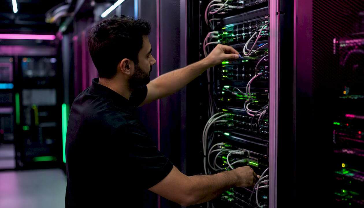 Hand adjusting network cable on VPS server