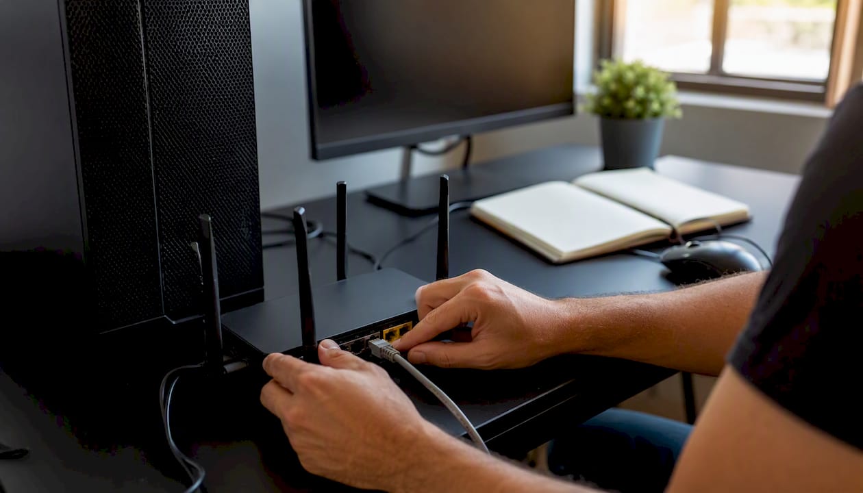 Hands connecting network cable on trader desk