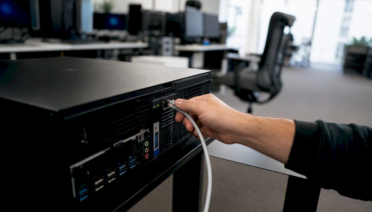 Hand plugging network cable into VPS server