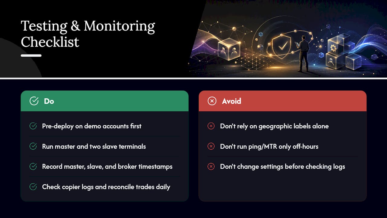 Testing, deployment, and 24/7 monitoring checklist — overview diagram