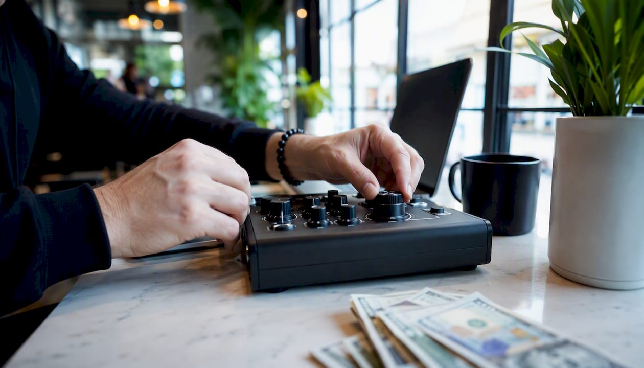 Hands adjusting forex trade copier device controls