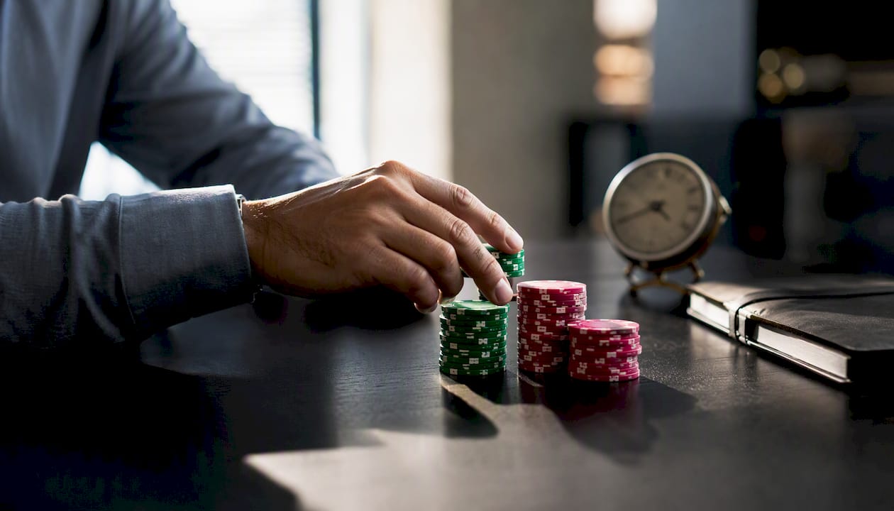Hand placing poker chips symbolizing trade limits