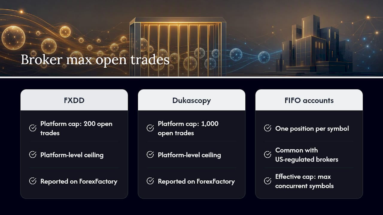 Diagram comparing max open trade limits by broker and account type