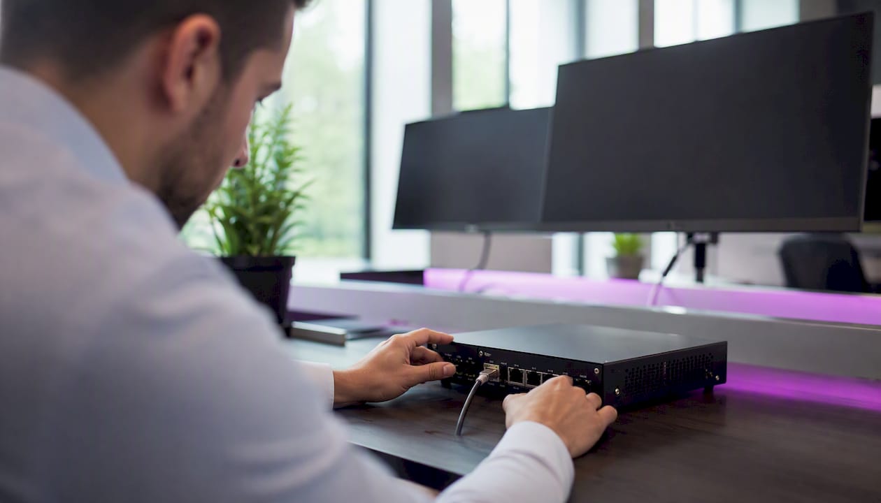 Hands connecting Ethernet cable to VPS device
