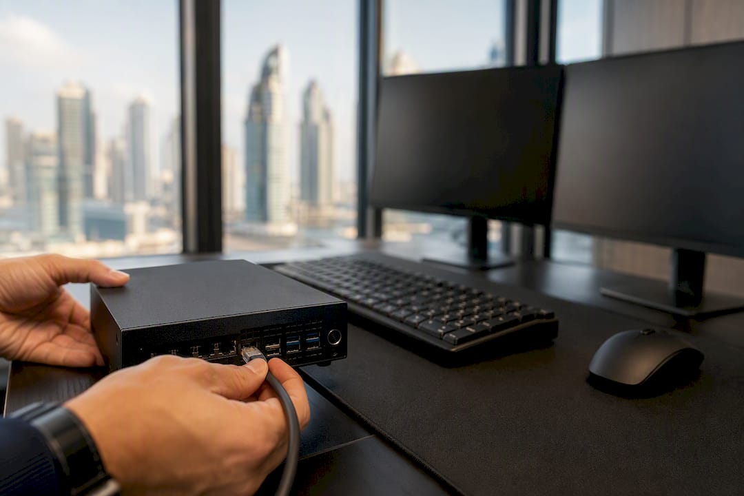 Hands connecting network cable to VPS server device