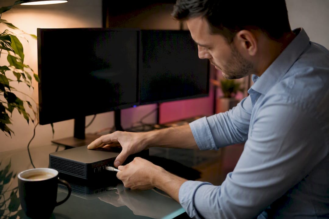Hands adjusting network cable on trading desk