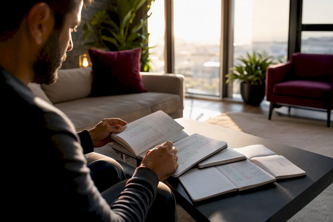 Hands reviewing multiple risk allocation account ledgers