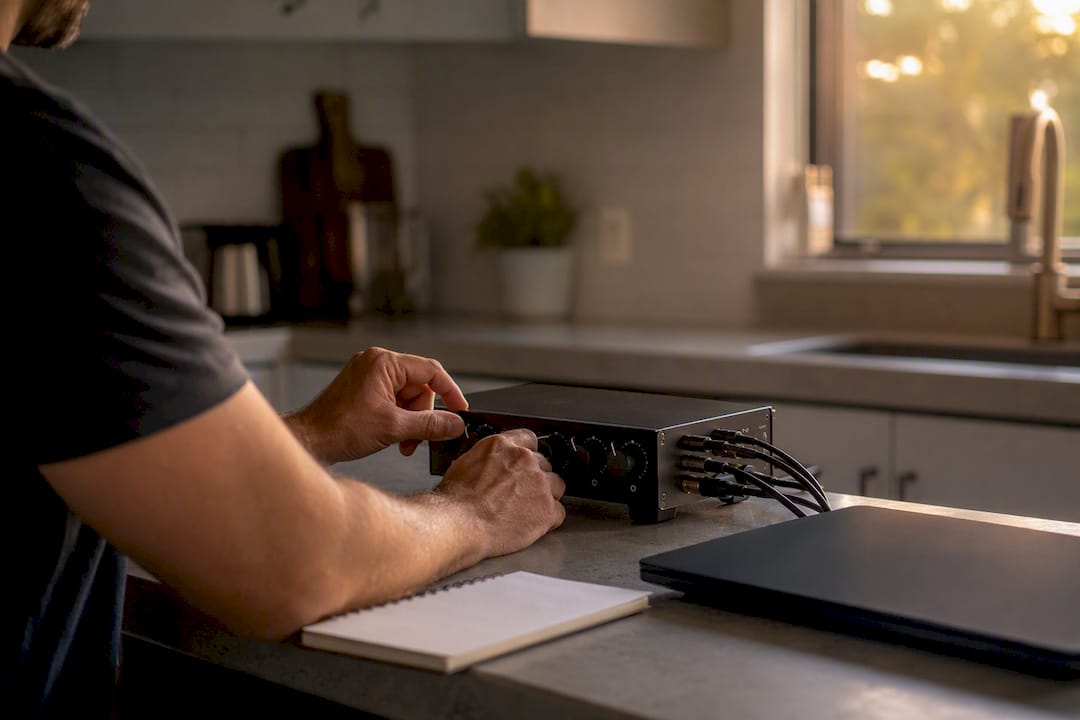 Hands adjusting trade copier hardware knobs