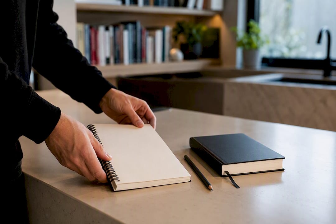 Hands arranging risk management notes on desk