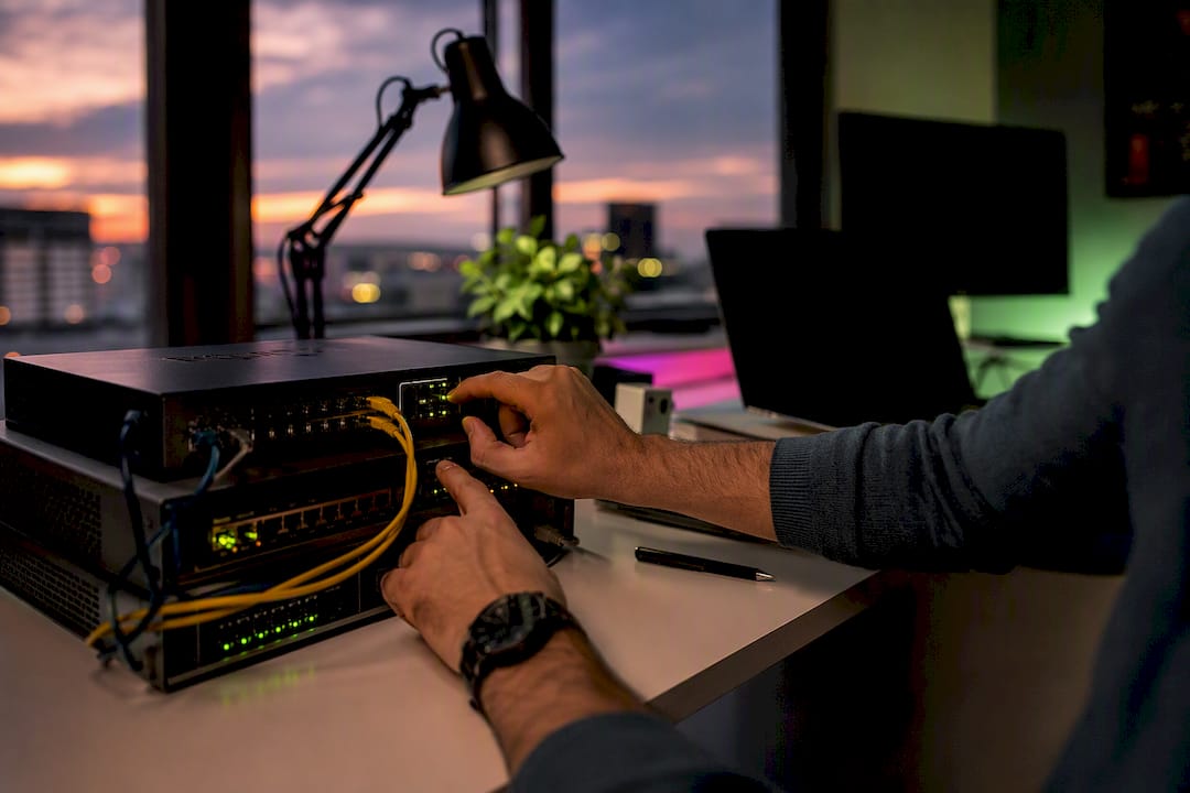 Hands adjusting network router settings