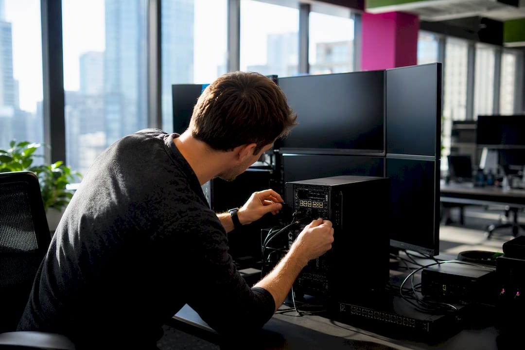 Hands setting up automated trading terminal