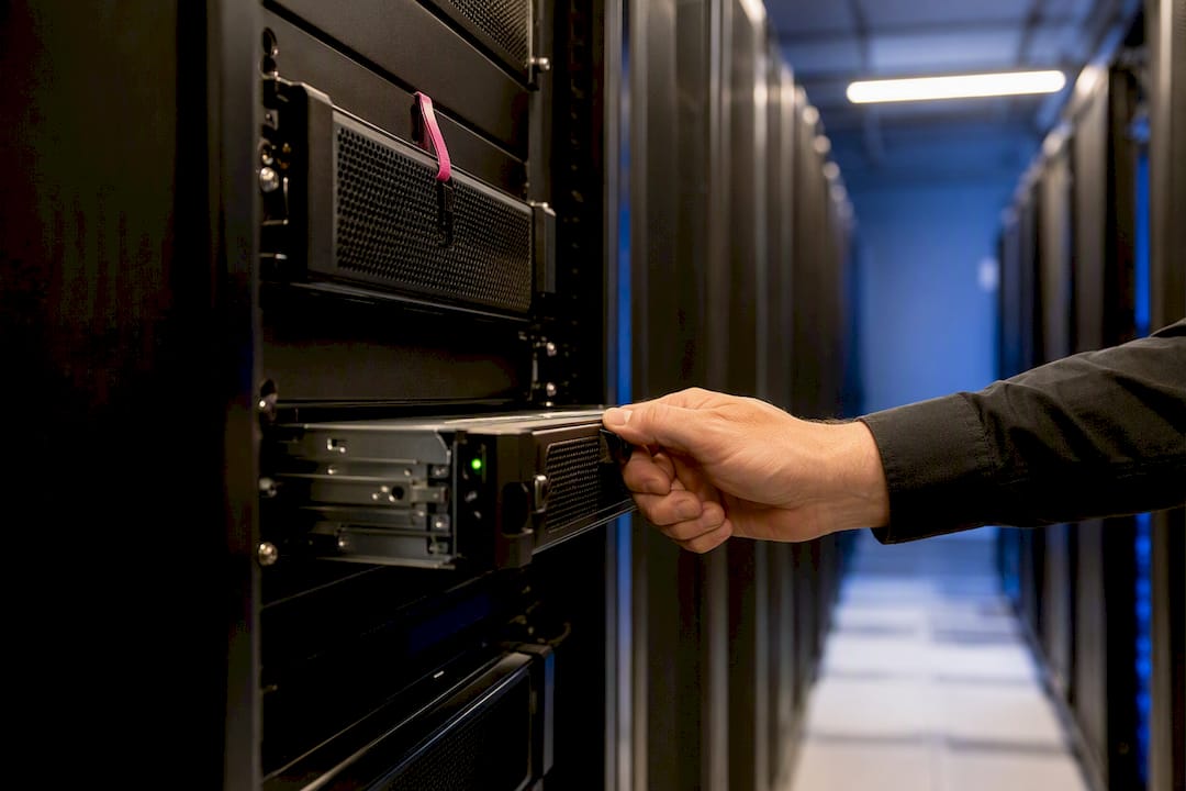 Technician configuring a VPS server rack