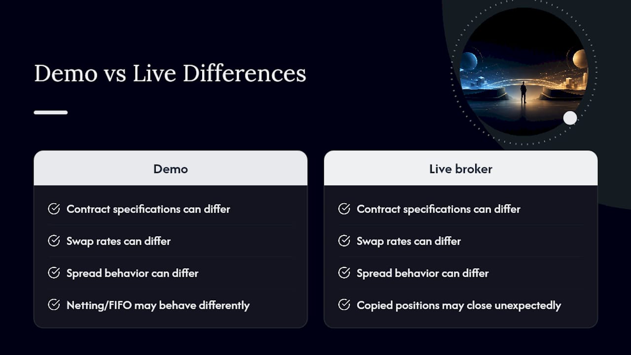Demo versus live broker weekend risk comparison