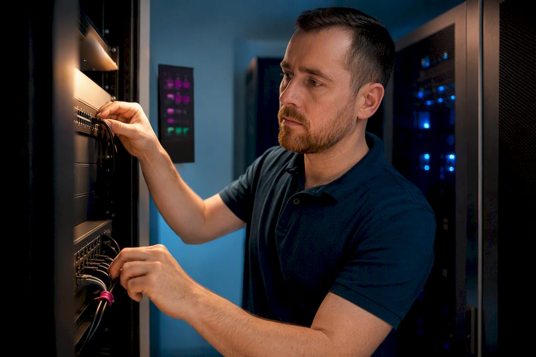 Technician checking redundant trade execution systems